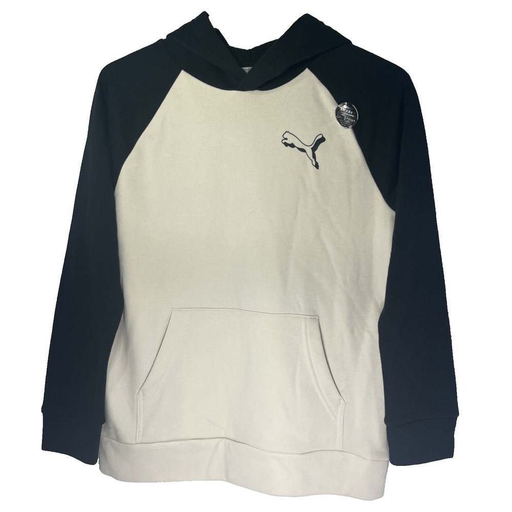 NWT Puma Youth L 14/16 Pullover Hoodie Sweatshirt Logo Black Cream Pattern Retro
